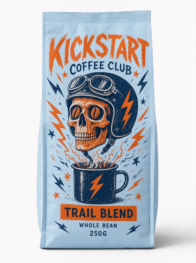 Trail Blend bag — a helmeted skull over a sparking mug in punk screen-print style